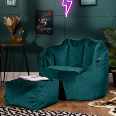 Icon Sirena Scallop Chair Bean Bag And Footstool Teal Velvet Bean Bags Green