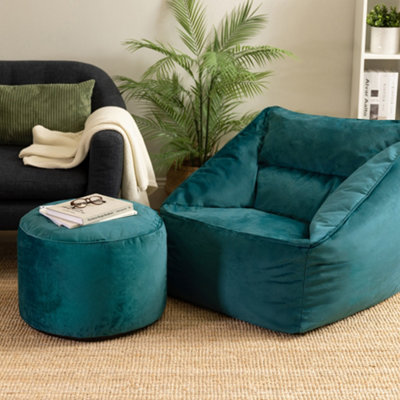 Icon Natalia Velvet Adults Bean Bag Armchair And Pouffe, Ready Filled Beanbag And Footstool Teal Large