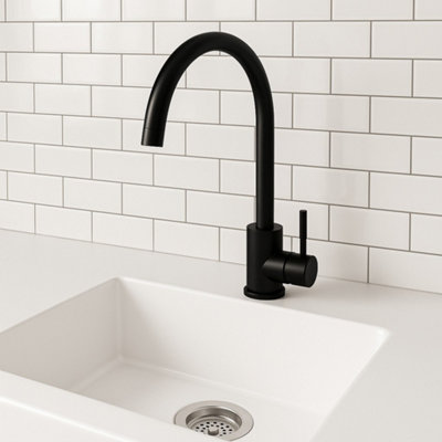 Corso Bathrooms Bronx Matt Black Kitchen Sink Mixer Single Lever Swivel Spout from B&Q