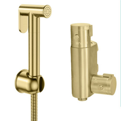 Scudo Brushed Brass Bidet Thermostatic Douche Valve And Spray Toilet, Spray Brass Bathroom Round Bidet Douche Kit