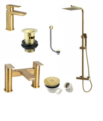 Brushed Brass Shower Kit Rigid Riser Over Head Rainfall & Brushed Brass Basin TapBath Filler Mixer Pack from B&Q