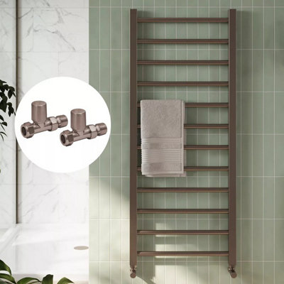 Scudo 500 X 800mm Brushed Bronze Heated Bathroom Towel Warmer Ladder Rail Radiator & Straight Radiator Valves from B&Q