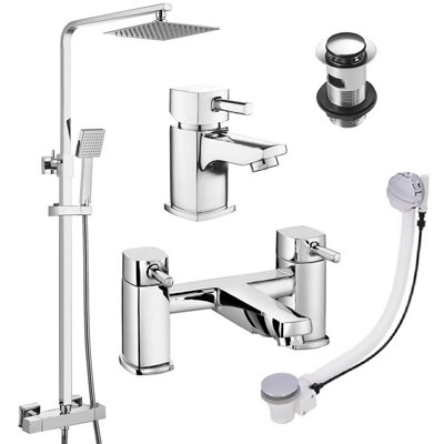 Corso Bathrooms Square Chrome Thermostatic Overhead Shower Kit With Cube Basin Mixer Tap & Bath Filler Set Inc. Waste Set from B&Q