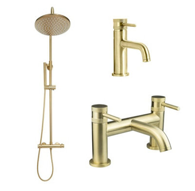 Corso Bathrooms Premium Brushed Brass Thermostatic Shower Kit Basin & Bath Filler Mixer Tap Diamond Cut Handles from B&Q