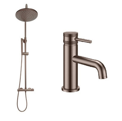 Corso Bathrooms Apres Brushed Bronze Thermostatic Shower Kit & Basin Mixer Tap Diamond Cut Handles from B&Q