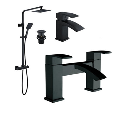 Corso Bathrooms Square Black Thermostatic Overhead Shower Kit & Basin & Bath Filler Tap Pack from B&Q