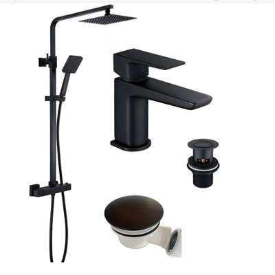 Corso Bathrooms Matt Black Square Thermostatic Overhead Shower Kit With Basin Tap And Shower Tray Waste from B&Q