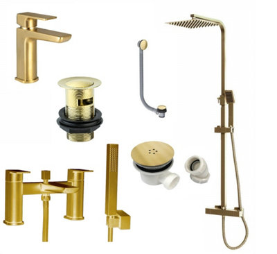 Corso Bathrooms Brushed Brass Shower Kit Rigid Riser Over Head Rainfall And Brushed Brass Bath Shower Mixer Tap PackIncluding Wastes from B&Q