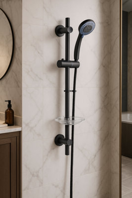 Corso Bathrooms Matt Black Slide Rail Kit Complete With HandsetHose And Soap Holder from B&Q