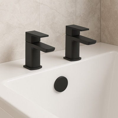B&Q -  Mura Matt Black Bath Pillar Taps (Pair) Hot And Cold