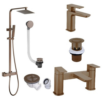 Corso Bathrooms Brushed Bronze Square Shower Kit With Brushed Bronze Bath Filler And Basin Mixer + Wastes from B&Q
