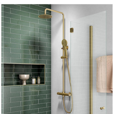 Corso Bathrooms Brushed Brass Overhead Thermostatic Rigid Riser Shower Kit from B&Q