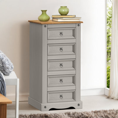 B&Q -  Corona Grey Wax 5 Drawer Narrow Chest Solid Pine With Mexican Styling