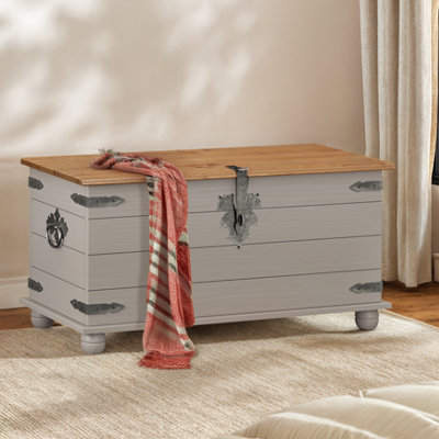 Mercers Furniture Grey Corona Wax Blanket Box Toy Storage Chest Ottoman Solid Pine With Mexican Styling 45Cm B&Q
