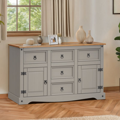 B&Q -  Corona Grey Wax Large 2 Door 5 Drawer Sideboard Solid Wood Pine Wooden With Mexican Styling