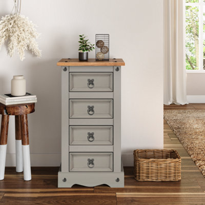 Mercers Furniture Corona Wax Narrow 4 Drawer Bedside Cabinet Chest Table Solid Pine With Mexican Styling Grey