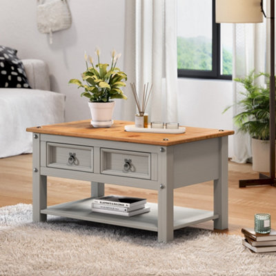 Mercers Furniture Corona Wax 2 Drawer 1 Shelf Coffee Table Solid Pine With Mexican Styling Grey