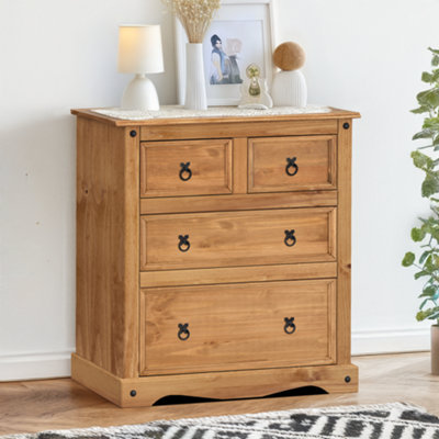 B&Q -  Corona Chest Of Drawers Compact 2+2 4 Drawer Solid Wood Pine Wooden With Mexican Styling