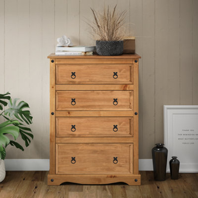 Mercers Furniture Corona Compact 4 Drawer Chest Of Drawers Solid Pine With Mexican Styling Grain/Black