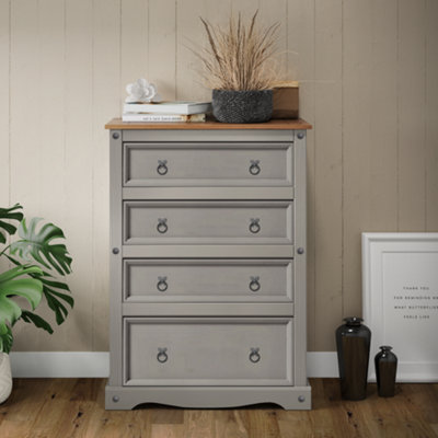 Mercers Furniture Corona Wax Compact 4 Drawer Chest Of Drawers Solid Pine With Mexican Styling Grey