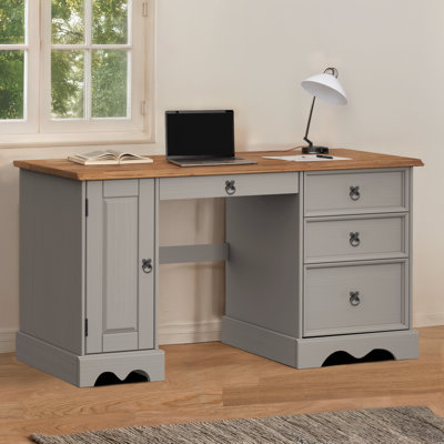 Mercers Furniture Corona Grey Wax Straight Computer Desk Office Table Solid Wood Mexican Pine Wooden from B&Q