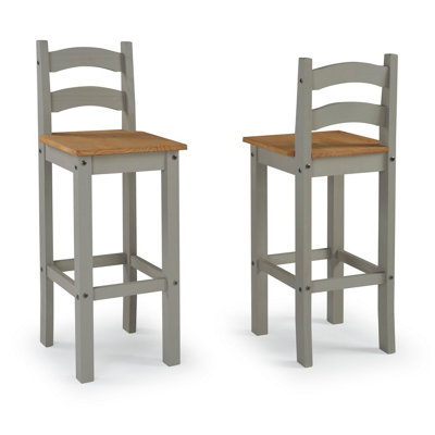 B&Q -  Corona Grey Wax Pair Of Bar Stools Tall Chairs Kitchen Seating Solid Pine With Mexican Styling