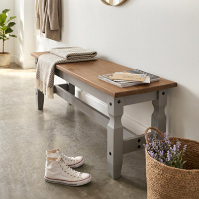 B&Q -  Corona Grey Wax 4'0" Dining Bench Long Seating Solid Wood Pine Wooden Kitchen Hallway