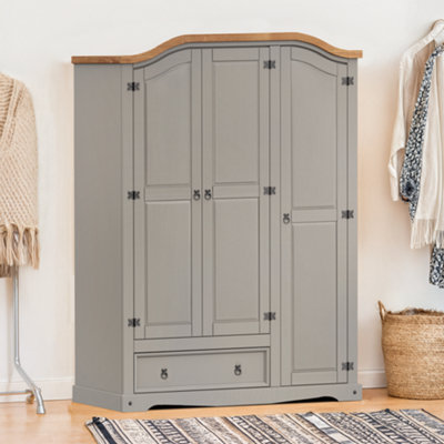 Mercers Furniture Corona Grey Wax 3 Door 1 Drawer Wardrobe - Solid Pine - Mexican Styling - Arch Top - Grey - Image 4