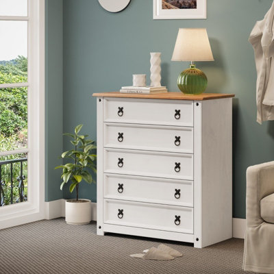 Mercers Furniture Corona White Small 5 Drawer Chest Solid Wood Pine Wooden With Mexican Shabby Chic Styling from B&Q