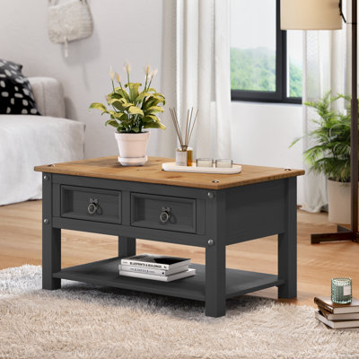Mercers Furniture Corona Charcoal 2 Drawer 1 Shelf Coffee Table Solid Pine With Mexican Styling Grain
