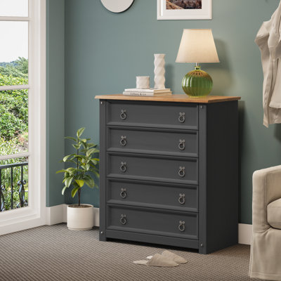 B&Q -  Corona Charcoal Small 5 Drawer Chest Of Drawers Solid Wood Pine Wooden Dark Grey Bedroom With Mexican Styling