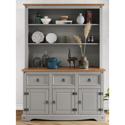 Mercers Furniture Corona Grey Wax 3 Door 3 Drawer Dresser Large Buffet Hutch Open Storage Solid Wood Mexican Pine Wooden Kitchen Dining Room from B&Q