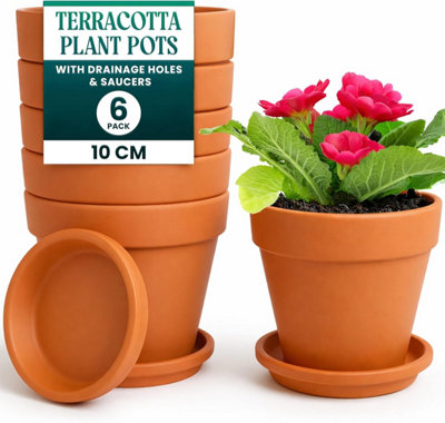 Green Thumbz Pack Of 6 Terracotta 10Cm Plant Pots With Saucer Planter Pot For FlowersHerbsSucculentsIndoor & Outdoor Plants from B&Q
