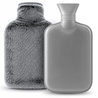 B&Q -  2L Hot Water Bottle Zip Cover & Front Pocket With Grey Faux Fur For Period Pain Relief Leak Resistant Bpa Free