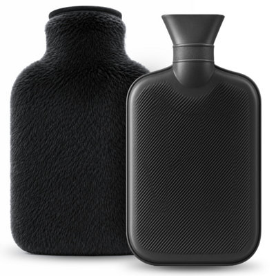 B&Q -  2L Hot Water Bottle Zip Cover & Front Pocket With Black Faux Fur For Period Pain Relief Leak Resistant Bpa Free