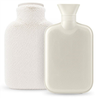 B&Q -  2L Hot Water Bottle Zip Cover & Front Pocket With White Faux Fur For Period Pain Relief Leak Resistant Bpa Free