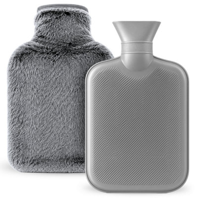 B&Q -  1L Hot Water Bottle With Cover Heat Pad With Grey Faux Fur For Period Pain Relief Leak Resistant Bpa Free