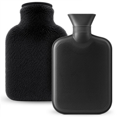 B&Q -  1L Hot Water Bottle With Cover Heat Pad With Black Faux Fur For Period Pain Relief Leak Resistant Bpa Free