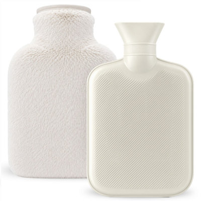 B&Q -  1L Hot Water Bottle With Cover Heat Pad With White Faux Fur For Period Pain Relief Leak Resistant Bpa Free