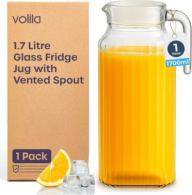 volila 1.7L Glass Fridge Jug With LidRibbed Water Pitcher With Handle & Vented Spout For JuicePimmsPicnicsCampingDrinks Storag from B&Q
