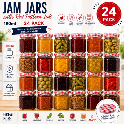volila 24 Pack 190Ml Hexagonal Glass Jam Jars With Airtight Red Gingham LidsIdeal For Homemade PreservesChutneysSaucesGifts from B&Q