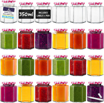 24 Pack 350Ml Hexagonal Glass Jars With Airtight Gingham Lids For Jam Pickles Spices Sauces Crafts Storage Gifts Preserving from B&Q
