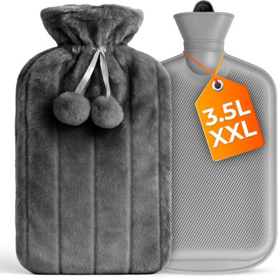 B&Q -  Xl 3.5L Hot Water Bottle With Cover Heat Pad With Grey Faux Fur For Period Pain Relief Leak Resistant Bpa Free