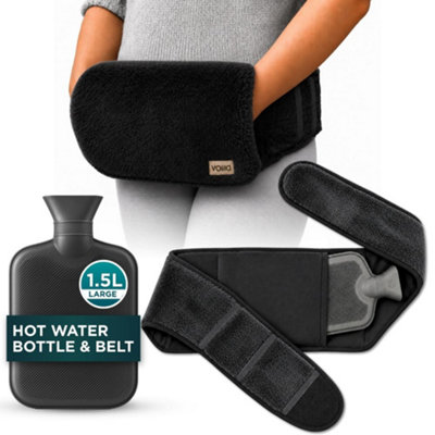 B&Q -  Black 1.5L Hot Water Bottle Belt With Faux Fur & Adjustable Waist Wrap For Period Pain Relief Leak Resistant Bpa Free