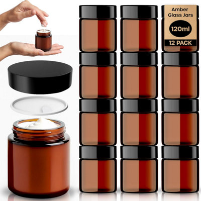 volila 120Ml Amber Glass Jars With Lids12 Travel Cosmetic Pots For CreamPowderUv Protection With Spatula & Inner Liner from B&Q