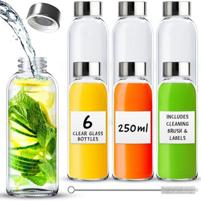 volila Clear Glass Water Bottle250Ml 6 Reusable Bottles With Metal LidsLabels & Cleaning Brush from B&Q