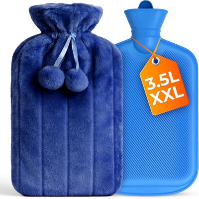 B&Q -  Xl 3.5L Hot Water Bottle With Cover Heat Pad With Blue Faux Fur For Period Pain Relief Leak Resistant Bpa Free