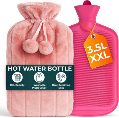 B&Q -  Xl 3.5L Hot Water Bottle With Cover Heat Pad With Pink Faux Fur For Period Pain Relief Leak Resistant Bpa Free