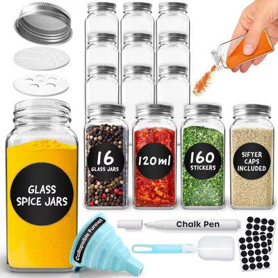 volila 16 Glass Spice Jars With LidsLabelsChalk Pen & FunnelRefillable Square Storage For HerbsSeasonings & Salt from B&Q