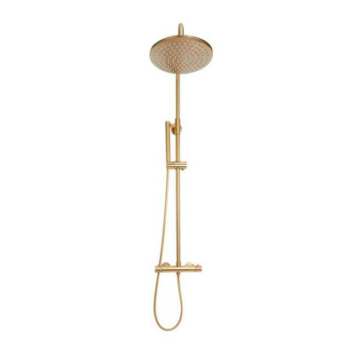 Apres Brushed Brass Twin Head Rigid Riser Shower Kit Thermostatic -By Corso Bathrooms from B&Q